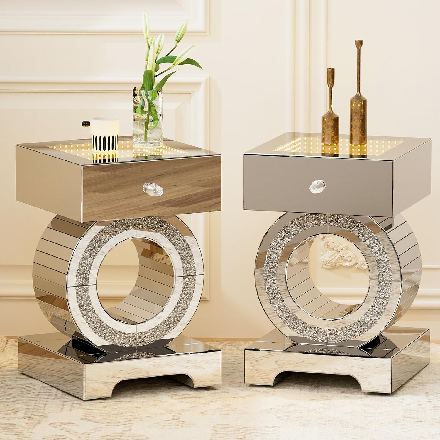 IKIFLY Mirrored Nightstand Set of 2, LED End Table with Storage Drawer, Silver Accent Beside Table with Crushed Diamond for Living Room, Bedroom and Office (Remote Control Included)