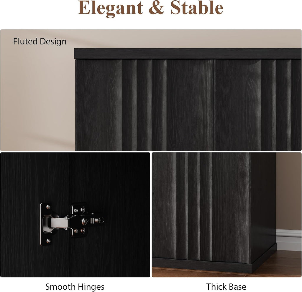TAGELIER Fluted Buffet Cabinet with Storage, 31.5" Sideboard with Adjustable Shelves, Coffee Bar with Press-Spring Doors, Wooden Buffet Table for Kitchen, Entryway, Living Room, Black