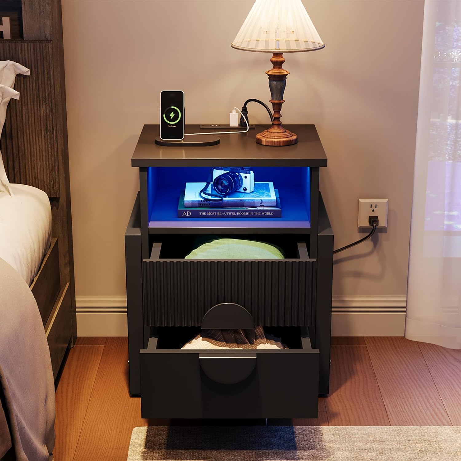 LGHM Set of 2 Fluted Nightstand with Charger Station Strip Lights, 20.47" W Night Stand with 2 Drawers, Large Accent Bed Side Table and End Table, Large Open Cubby, Raising H Legs,Black