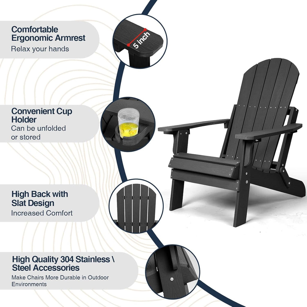 Folding Adirondack Chairs Set of 2, All Weather Resistant Plastic Chairs with Cup Holder, Fold or Unfold Easily in 1 Second, Outdoor Chairs for Patio, Garden, Backyard Deck, Lawn Fire Pit(Black)
