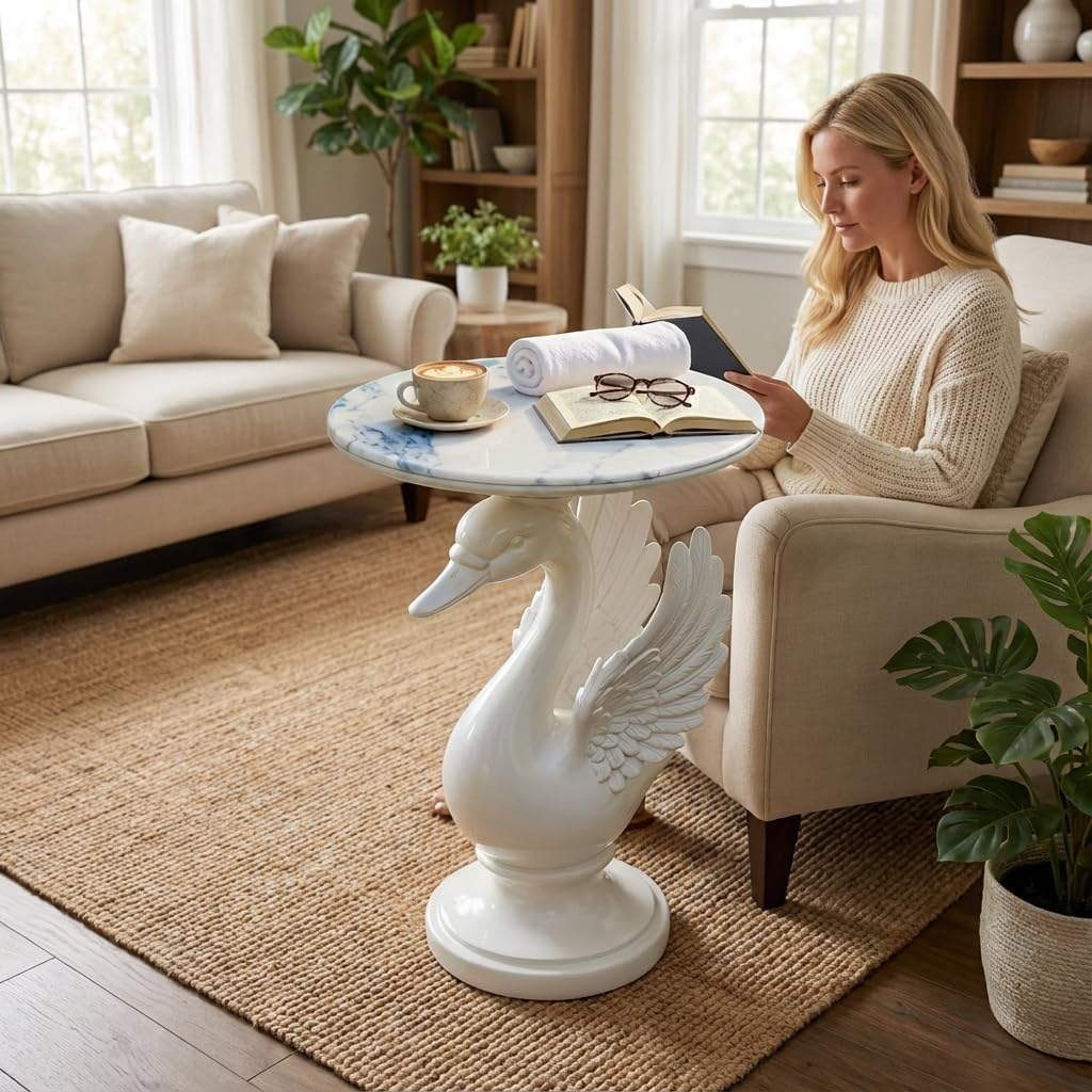 Sculptural Swan Head Side Table, Artistic Animal End Table with Faux Marble Top, Modern Accent Table for Living Room, Unique Home Decor Gift for Housewarming, 19.69" W x 25.5" H