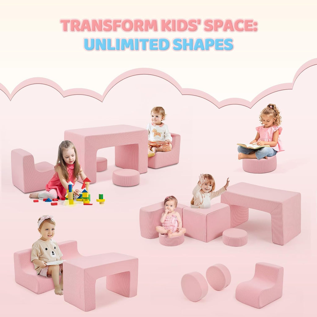 JOYMOR Modular Kids Play Couch, 6PCS Convertible Corduroy Foam Sofa Set, DIY Building Fort for Toddlers, Soft Kids Furniture for Playroom, Bedroom, Gift for Boys & Girls, Pink | Soft Sponge