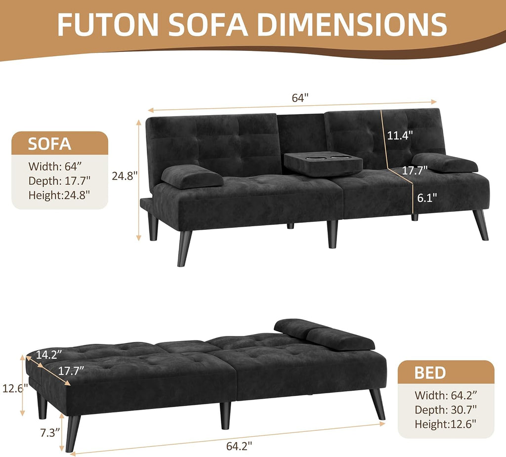 Shintenchi Futon Sofa Bed, Velvet Foldable Couch, Reclining Sleeper with Removable Armrests, Upholstered Loveseat Sofa Couch with Folding Cup Holders for Home, Office, Black