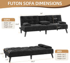 Shintenchi Futon Sofa Bed, Velvet Foldable Couch, Reclining Sleeper with Removable Armrests, Upholstered Loveseat Sofa Couch with Folding Cup Holders for Home, Office, Black