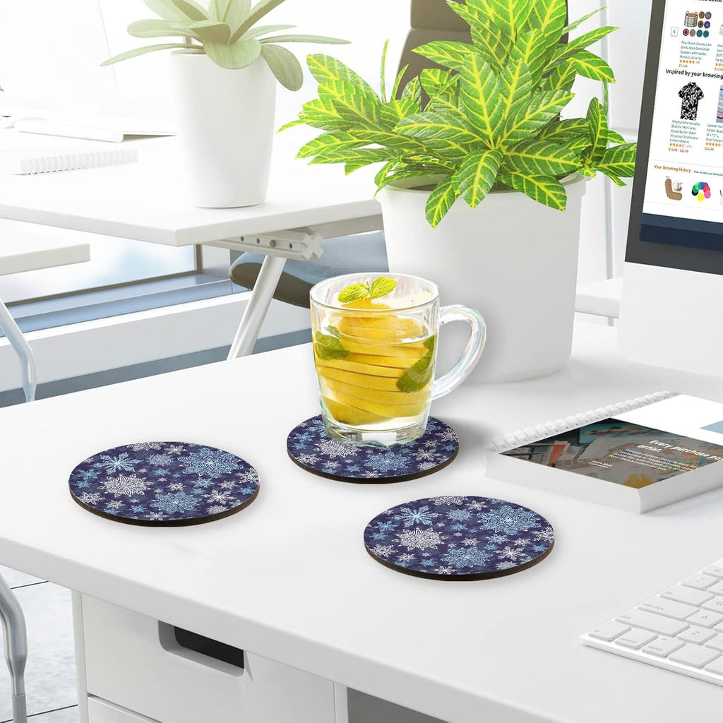 4 Pieces Blue & White Snowflake Christmas Coasters Set, Non-slip Heat-Resistant Absorbent Drink Coaster with Cork Base, Round Cup Mat Pad for Kitchen Bar Cafe Deco, Perfect Housewarming Gifts 3.9" x 0