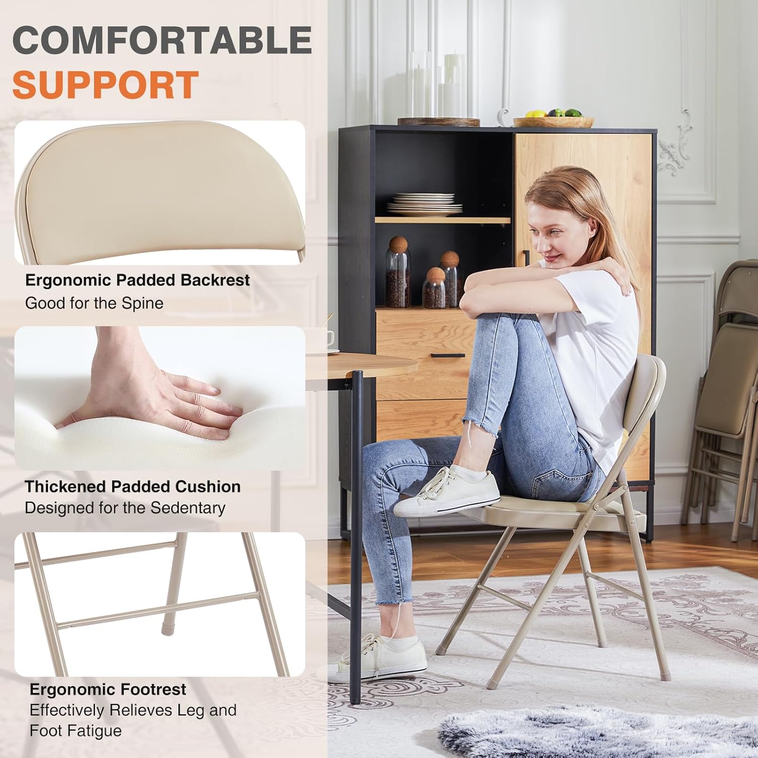 Sweetcrispy Folding Chair 4 Pack, Leather Padded Foldable Chairs, Sturdy Metal Portable Chairs, Easy to Use and Store, Outdoor and Indoor, for Home, Office, Party, Garden, Kahki