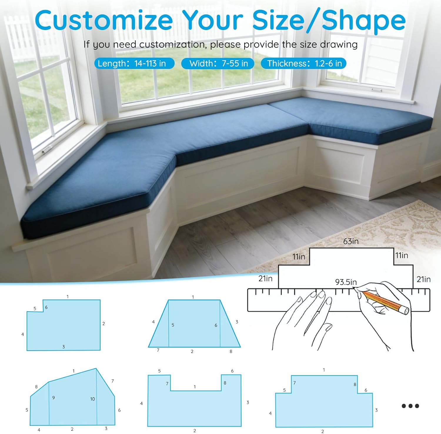 Custom Size Bench Cushion, Made-to-Measure Indoor/Outdoor Seat Cushion – Waterproof & Breathable, High-Density Foam, Removable Washable Cover for Window Seat, Patio, Entryway