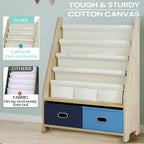 EXPERLAM 4 Tier Kids Bookshelf with Storage Bins, Solid Wood Toddler Book Shelf and Toy Organizer, Sling Book Rack for Kids Room, Nursery, Playroom, Blue