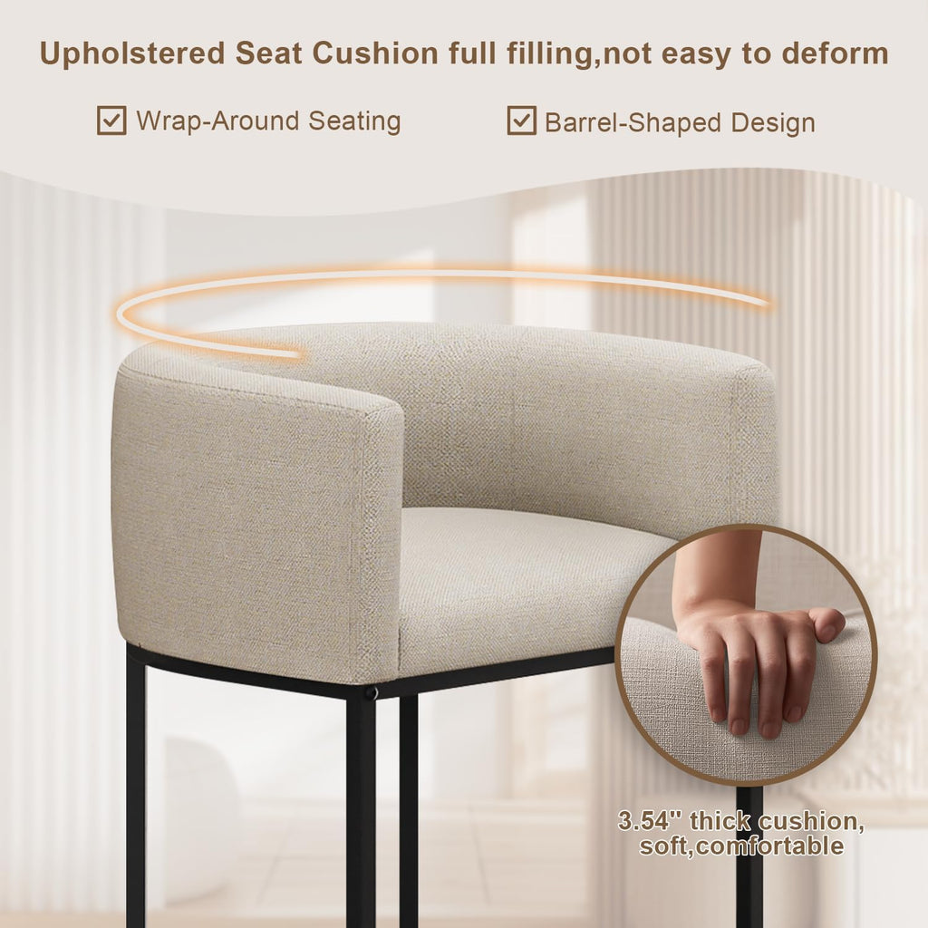 26" H Counter Height Bar Stools Set of 3, Modern Barrel Counter Stools with Backrest and Arms, Linen Fabric Upholstered Accent Barstools for Kitchen Island, Support 450 LBS, Beige