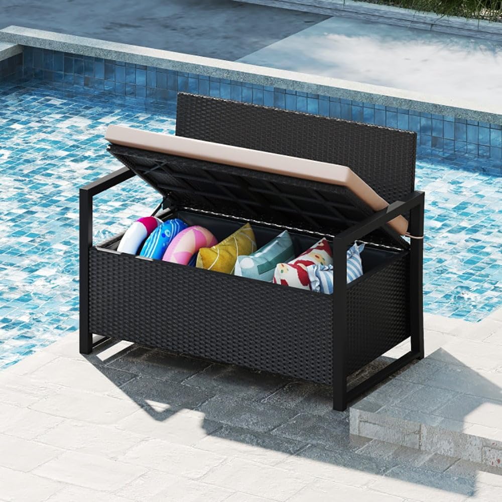 Gecheer Outdoor Wicker Storage Bench with Cushion – 43.5-inch 2-Seat Loveseat, 40-Gallon Under-Seat Compartment, Rustic Mix Brown PE Rattan, 800-lb Capacity, for Patio, Deck, Porch, or Poolside