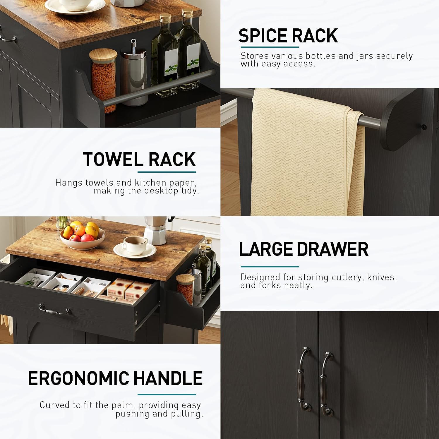 RALGEND Kitchen Island Cart, Small Kitchen Island with Storage Cabinet and Drawer, Rolling Kitchen Cart on Wheels with Spice Rack and Towel Rack, for Kitchen, Dining Room, Black and Rustic Brown