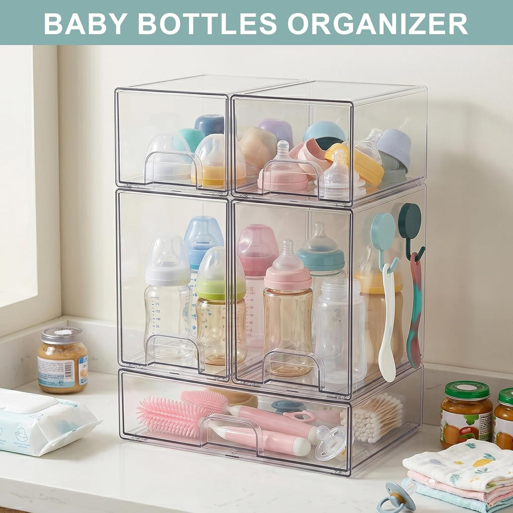 POLRAI 5 Pack Baby Bottles Organizer with Brush and Hooks, Stackable Acrylic Storage Boxes for Baby Bottles, Makeup, Small Items, Clear Storage Containers for Kitchen, Bathroom, Bedroom, Cabinet