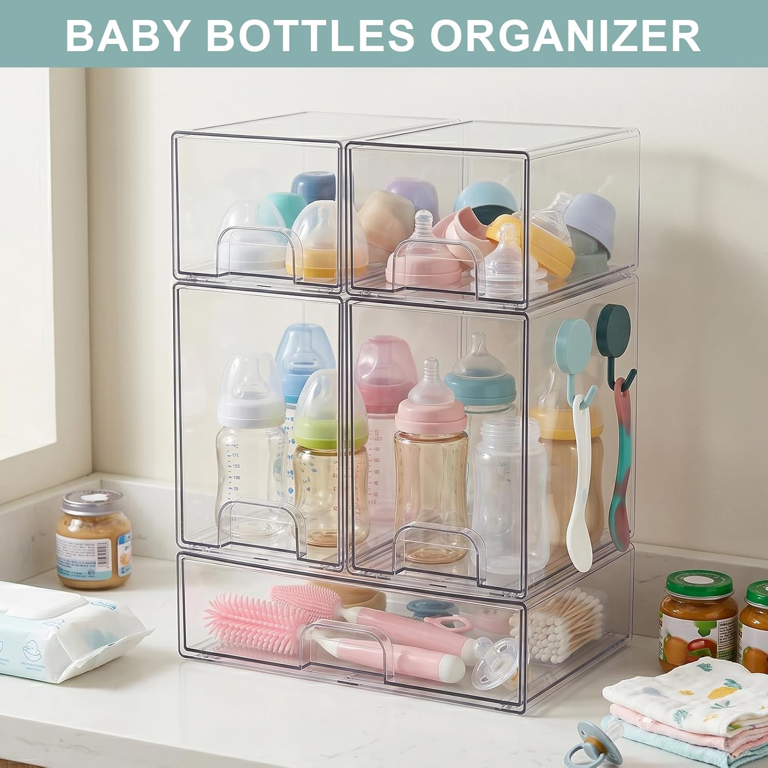 POLRAI 5 Pack Baby Bottles Organizer with Brush and Hooks, Stackable Acrylic Storage Boxes for Baby Bottles, Makeup, Small Items, Clear Storage Containers for Kitchen, Bathroom, Bedroom, Cabinet