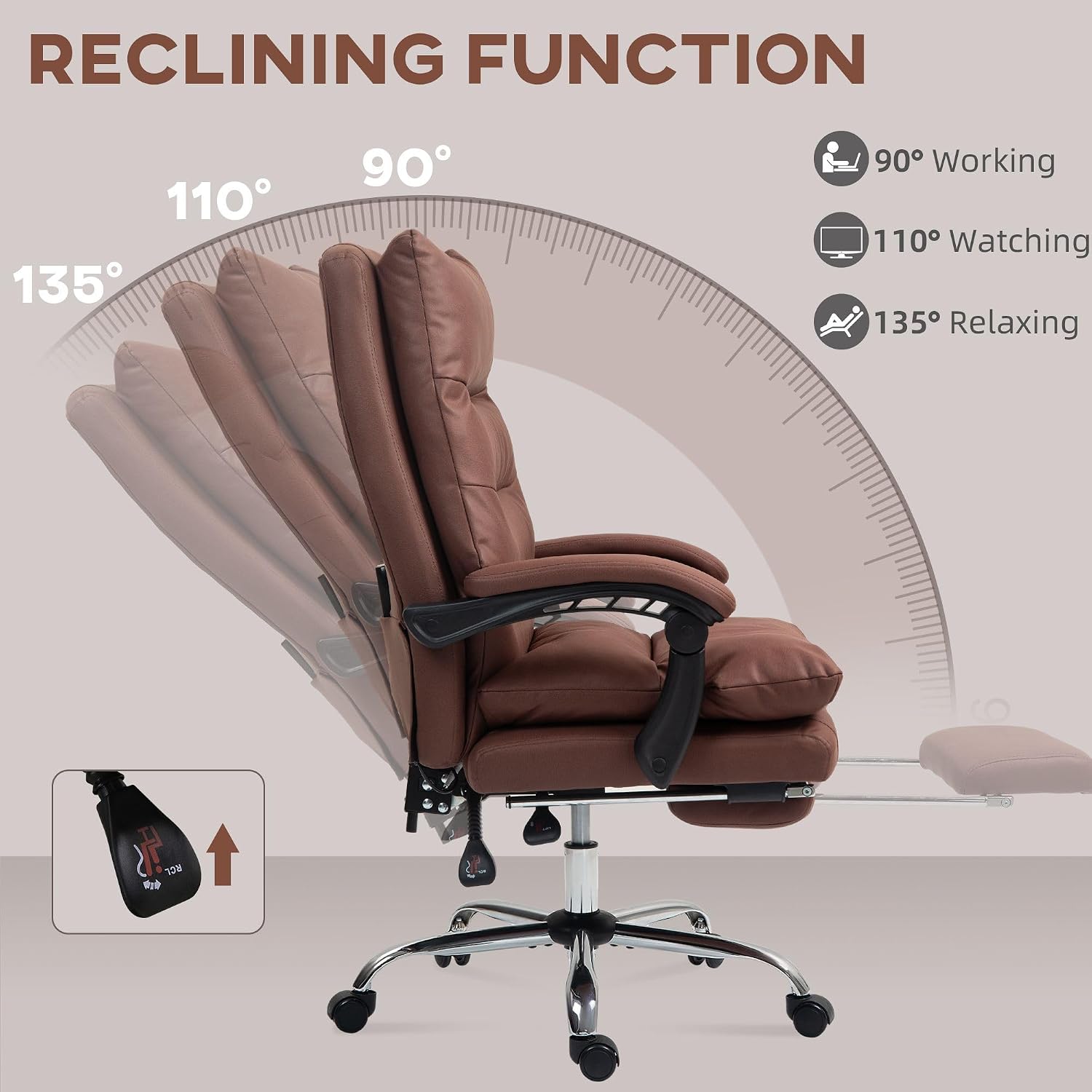 Premier Comfort Microfiber Heated Massage Reclining Office Chair Integrated Footrest Double Layer Padding Swivel Wheels Coffee