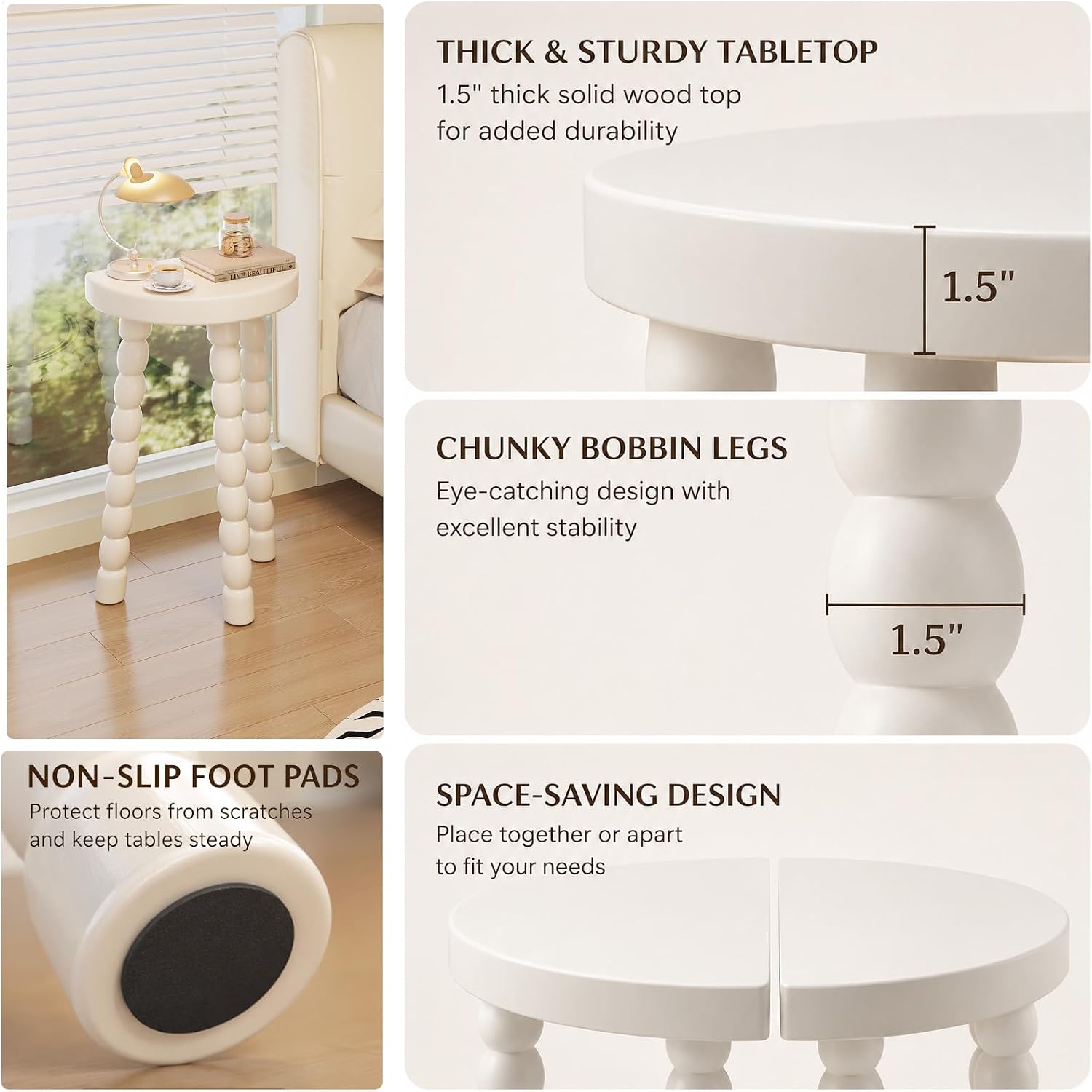 LitaEther 19.5" Wooden Bobbin Leg Side Table - Half Round Table - Wooden Accent Stool- Half Moon Tripod Table for Bedroom, Hallway, Living Room, Sofa Side (White,1pcs)