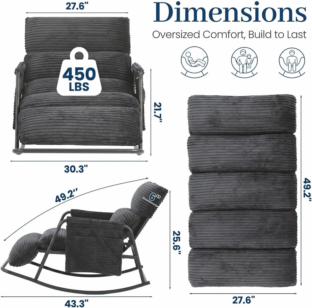 Oversized Outdoor Rocking Chair with Corduroy Cushions, 3-Level Adjustable Metal Patio Rocker with Footrest, Comfy Modern Lounge Chair for Porch, Balcony, Indoor (Gray)