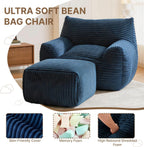 Oversized Bean Bag Chair with Ottoman, Bean Bag Couch with 2 Side Pockets, Corduroy Boneless Couch Chair in a Box, Comfy Lounge Chair for Living Room, Bedroom, Dorm, Blue