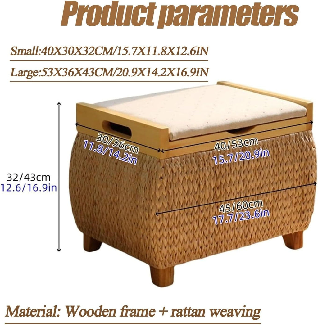 Ottoman with Storage Rattan Woven ，Bench with Padded Seat End of The Bed Entry Bench Footrest Stool for Hallway Living Room(Primary Color,53cm/20.9in)
