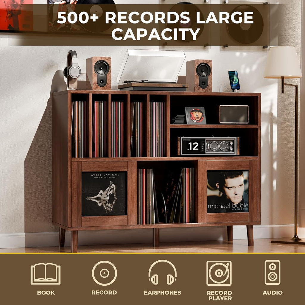 XL Record Player Stand with Sliding Doors, 500+ Vinyl Record Storage Cabinet with Charging Station & USB Ports, Mid Century Modern Record Player Table,Turntable Stand with Wood Legs for Living Room