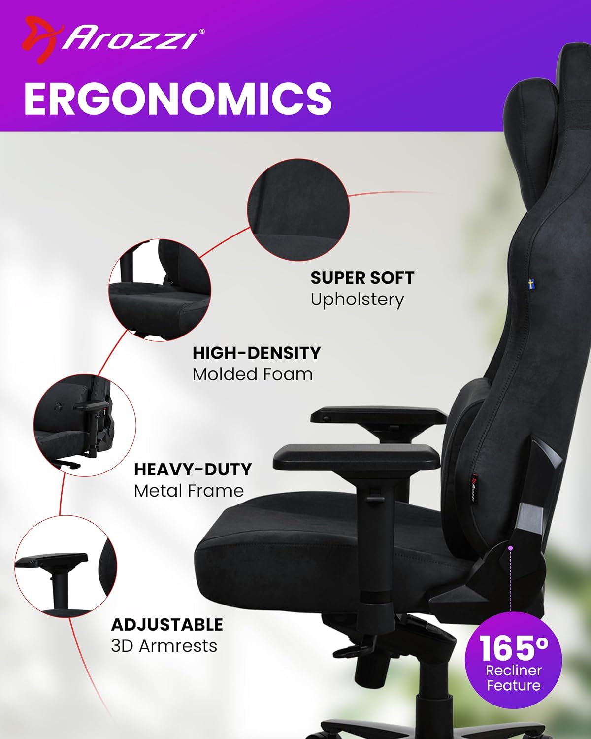 Arozzi Vernazza XL Soft PU Ergonomic Computer Gaming/Office Chair with High Backrest, Recliner, Swivel, Tilt, Rocker, Adjustable Height and Adjustable Lumbar and Neck Support - Pure Black