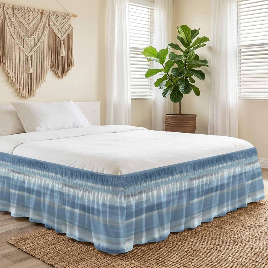 Gray Blue Ombre Bed Skirt King Size Bed Skirting 16 Inch Drop Adjustable Elastic Dust Ruffles Wrap Around Bedskirt Pleated Modern Abstract Watercolor Stripes Bedding Frame Cover for King Size Dorm