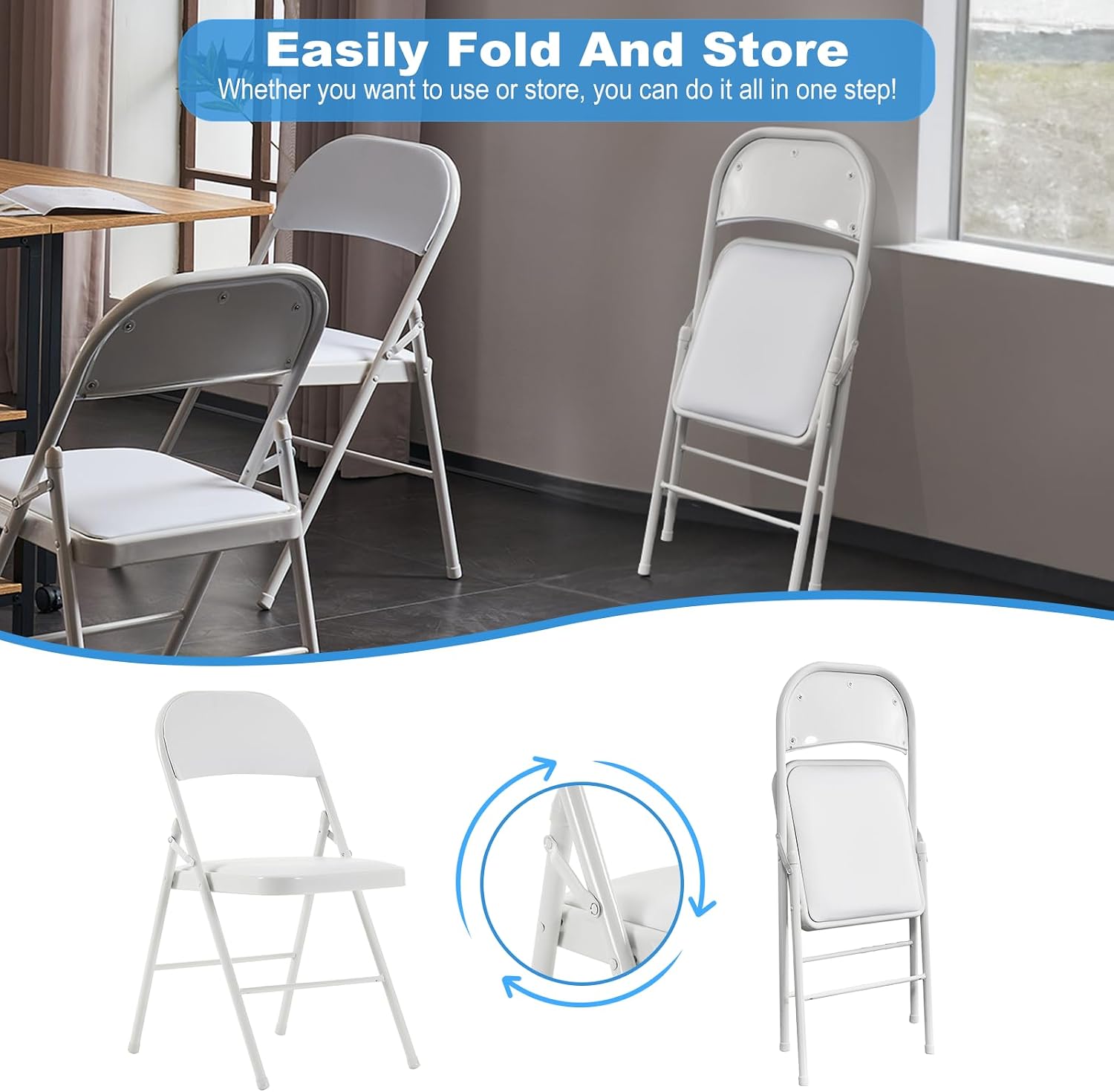 White Folding Chairs 10 Pack, Back Padded Folding Chairs with Cushion, Steel Frame, Portable Stackable Commercial Seat, Chairs for Party Events Office Birtydayt Wedding Indoor Outdoor