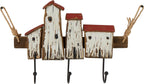 Deco 79 Wood Handmade Distressed House 3 Hanger Wall Hook with Red Roof Accents and Hanging Rope, 16" x 3" x 11", Cream