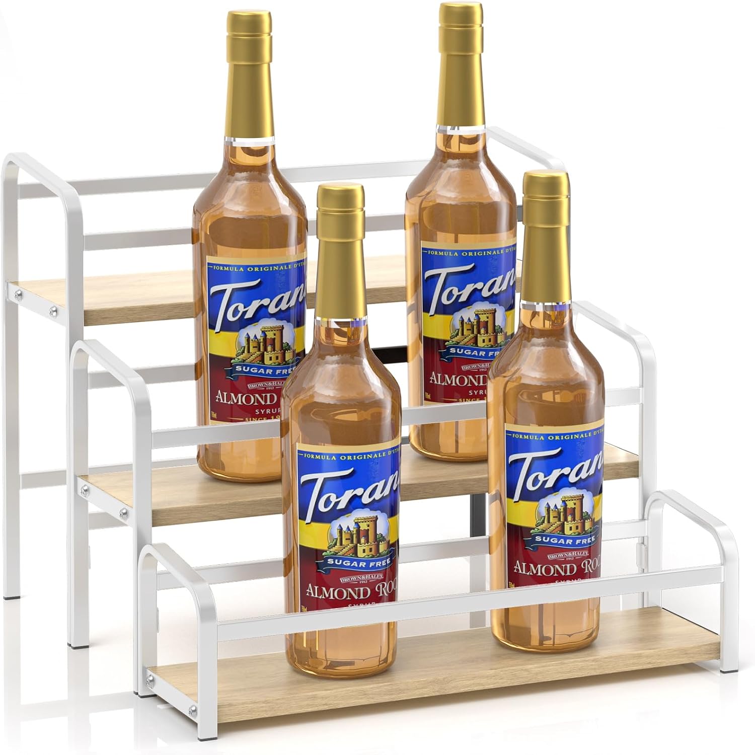 Coffee Syrup Rack,12 Bottle Capacity,3 Tier Coffee Bar Organizer,Kitchen Wine Rack,Coffee Station for Syrup, Wine Stand Shelf,Coffee Bar Accessories (Light Yellow Wood, White)