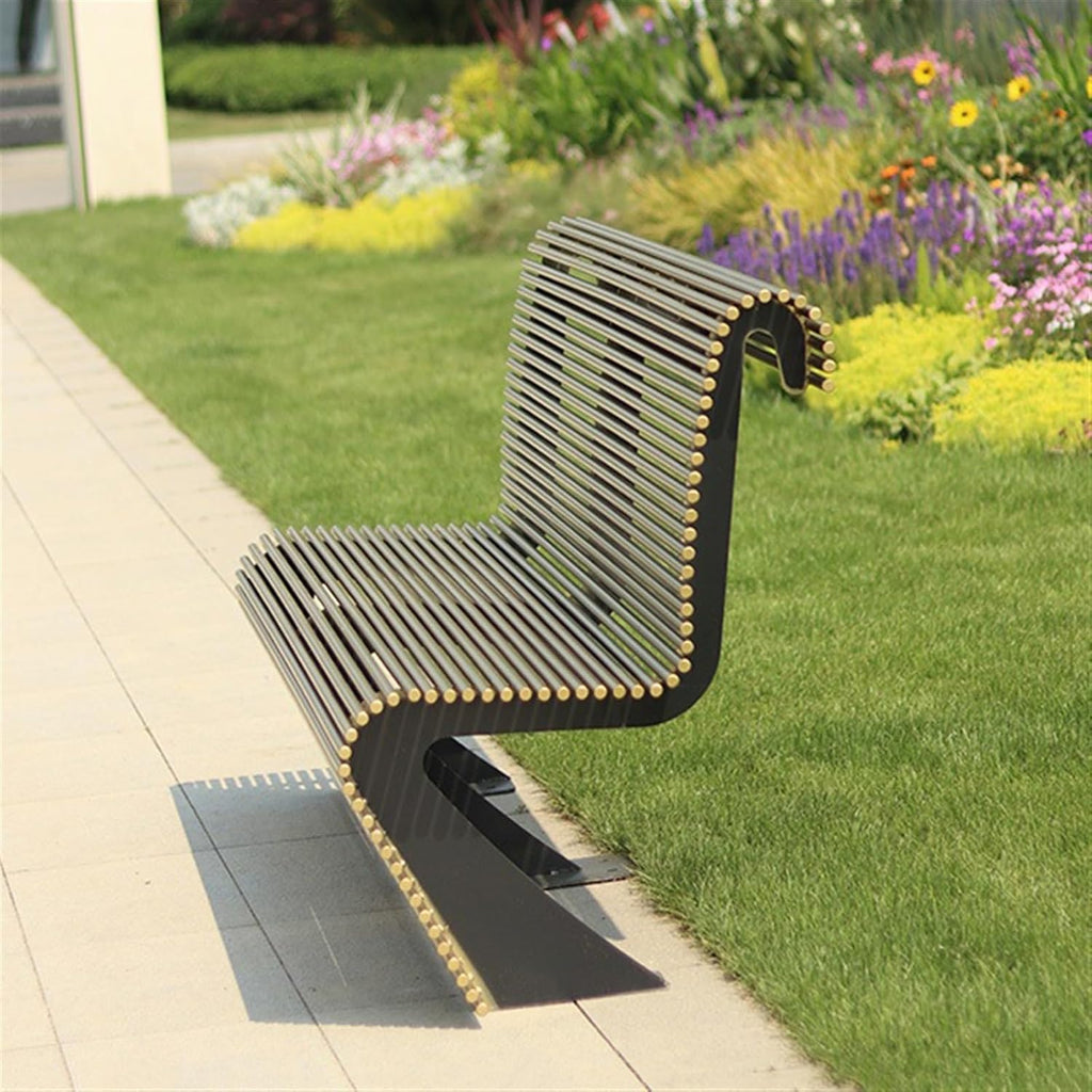 Garden Outdoor Park Bench, Leisure Chair with Backrest for 3 People, Modern Metal Round Tube Bench, Gold Color Seat