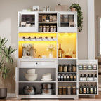 71" Tall Kitchen Pantry Storage Cabinet with 2 Sliding Doors & Outlet,Modern Kitchen Hutch Cabinet with LED Light & Drawers,Wood Food Pantry with Wine Rack & Glass Holder,Cupboard for Dining Room