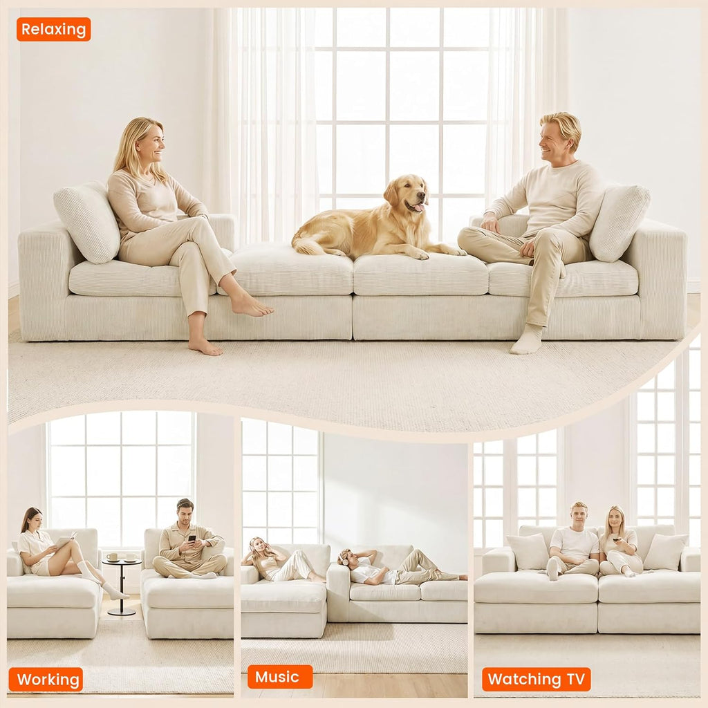 80.7" Oversized Double Chaise Lounge Chair Indoor, Cloud Boneless Sleeper Sofa Bed with 4 Pillows, Extra Deep Seat Cozy Loveseat Couch for Living Room Bedroom, No Assembly Required (Beige)