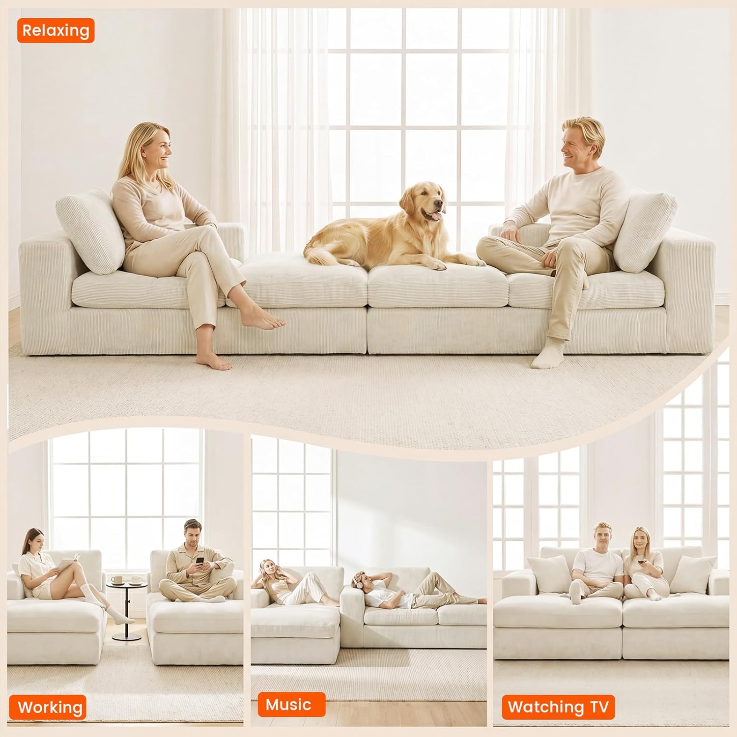 80.7" Oversized Double Chaise Lounge Chair Indoor, Cloud Boneless Sleeper Sofa Bed with 4 Pillows, Extra Deep Seat Cozy Loveseat Couch for Living Room Bedroom, No Assembly Required (Beige)