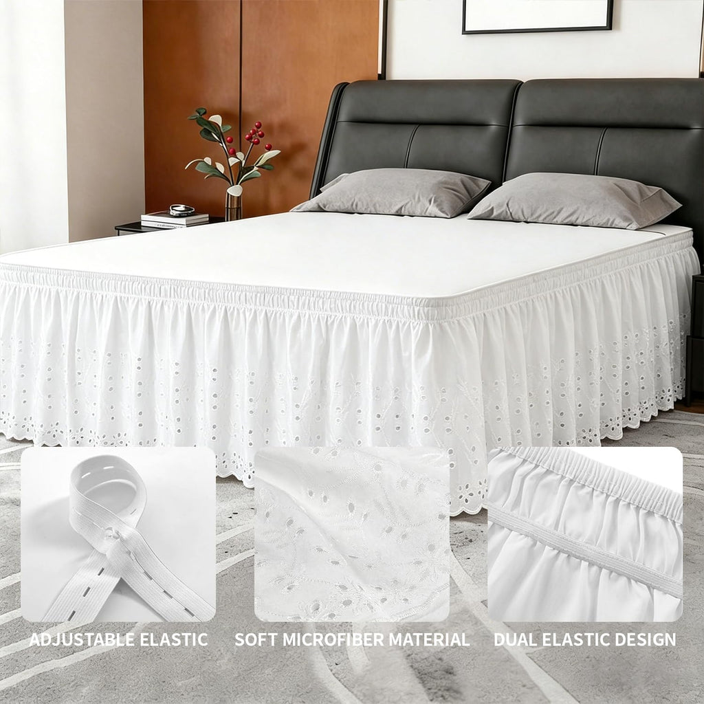 ANARACHON Full Bed Skirt, Wrap-Around Elastic Ruffled Eyelet Bed Skirt Full Size Dust Ruffle with Gathered Styling and Embroidered Details, 18" Drop Length (White)