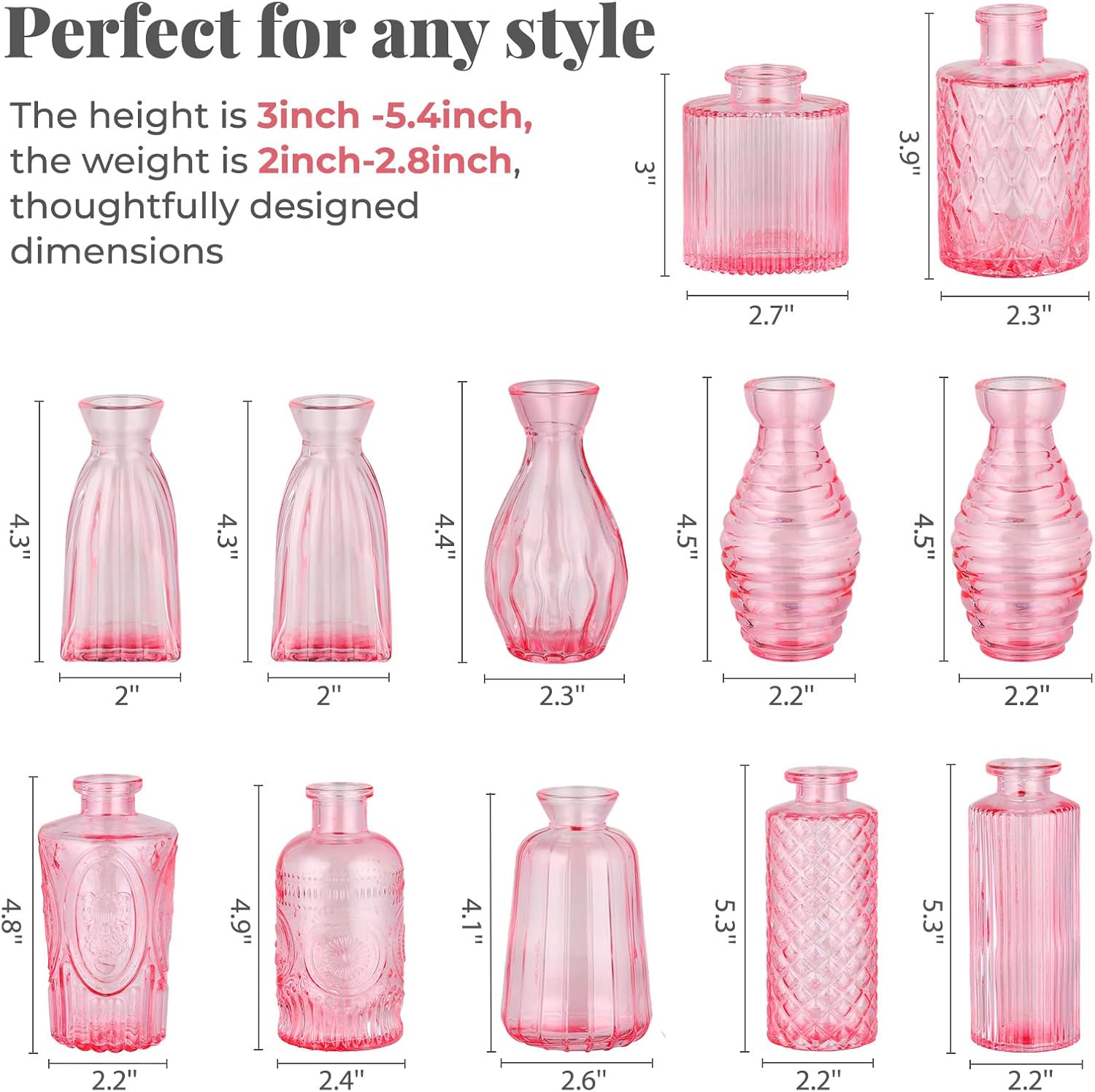 12 Pack Bud Vase in Bulk - BEAHOT Pink Flower Vases for Wedding Decorations, Glass Vase for Table Decorations, Small Vase for Home, Mother's Day, Centerpieces, Party, Office (Pink)