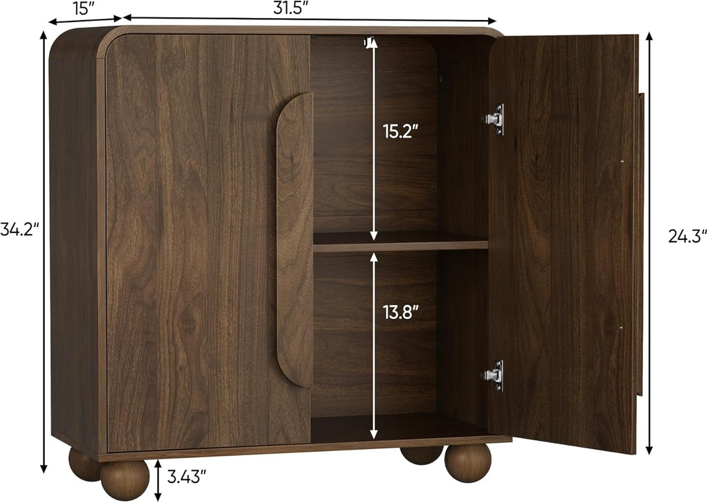 Smuxee Walnut Sideboard Cabinet, Freestanding Buffet Cabinet with Spherical Feet, Wood Storage Cabinet with Adjustable Shelf for Living Room, Entryway, Hallway