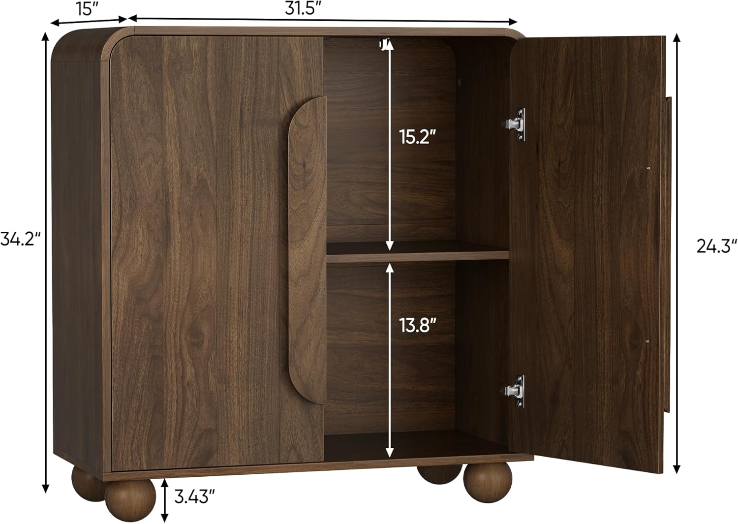 Smuxee Walnut Sideboard Cabinet, Freestanding Buffet Cabinet with Spherical Feet, Wood Storage Cabinet with Adjustable Shelf for Living Room, Entryway, Hallway