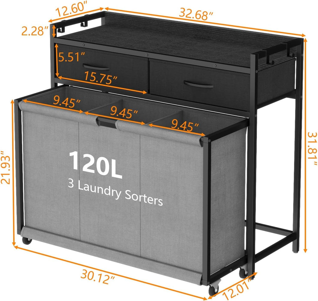 STIKELY Laundry Hamper Laundry Basket with 3 Section Pull-Out Rolling Bags, Laundry Sorter for Organization and Storage with 2 Pull-Out Drawers for Laundry Room, Bathroom, Bedroom Use (Black)