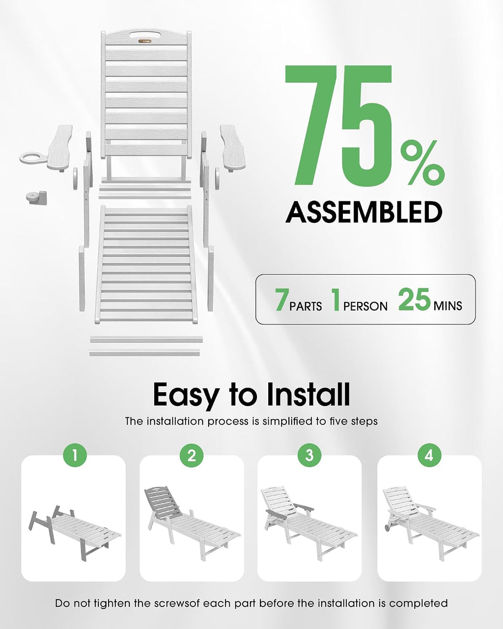 Chaise Lounge Outdoor, Lounge Chair Outdoor with Wood Texture, Adjustable 5-Position Backrest, HDPE Lounge Chair with Wheels & Cup Holder for Pool Deck Backyard, White