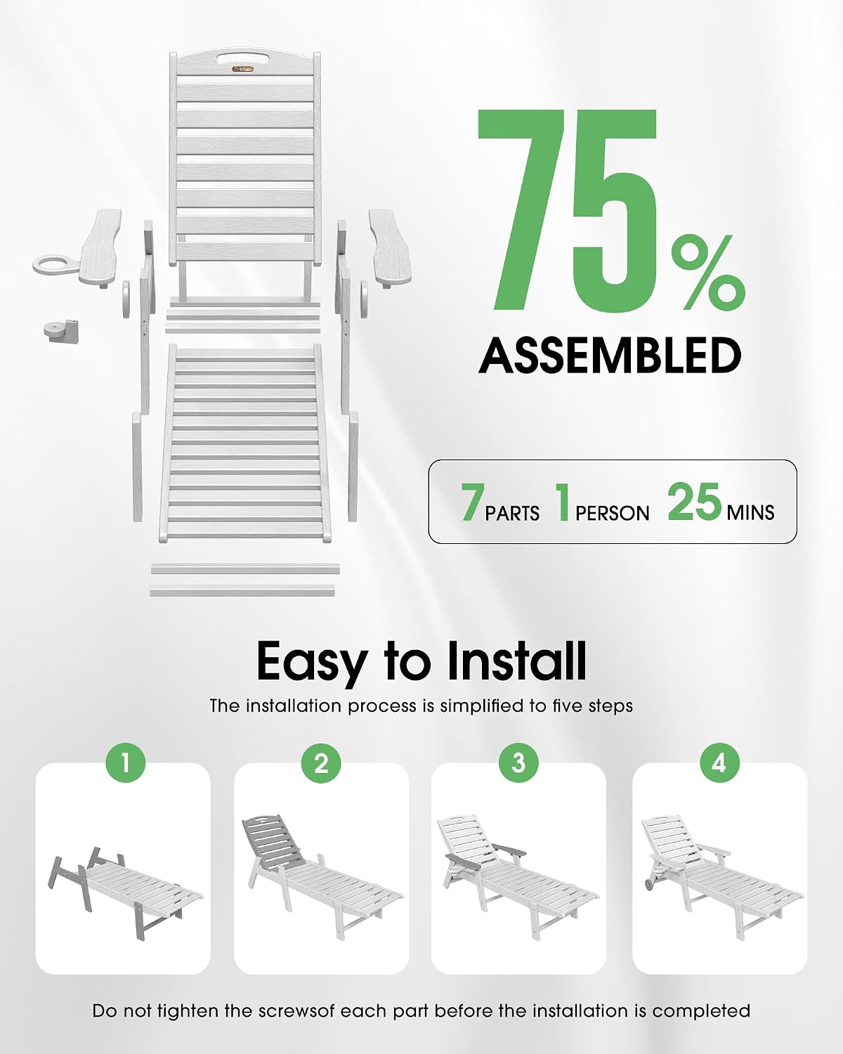 Chaise Lounge Outdoor, Lounge Chair Outdoor with Wood Texture, Adjustable 5-Position Backrest, HDPE Lounge Chair with Wheels & Cup Holder for Pool Deck Backyard, White