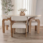 Farmhouse Dining Chairs Set of 4 - Upholstered Armchairs with Linen Cushions & Curved Wooden Arms, Barrel Wood Kitchen Chairs for Dining Room/Cafe/Kitchen Island (Oatmeal Beige)