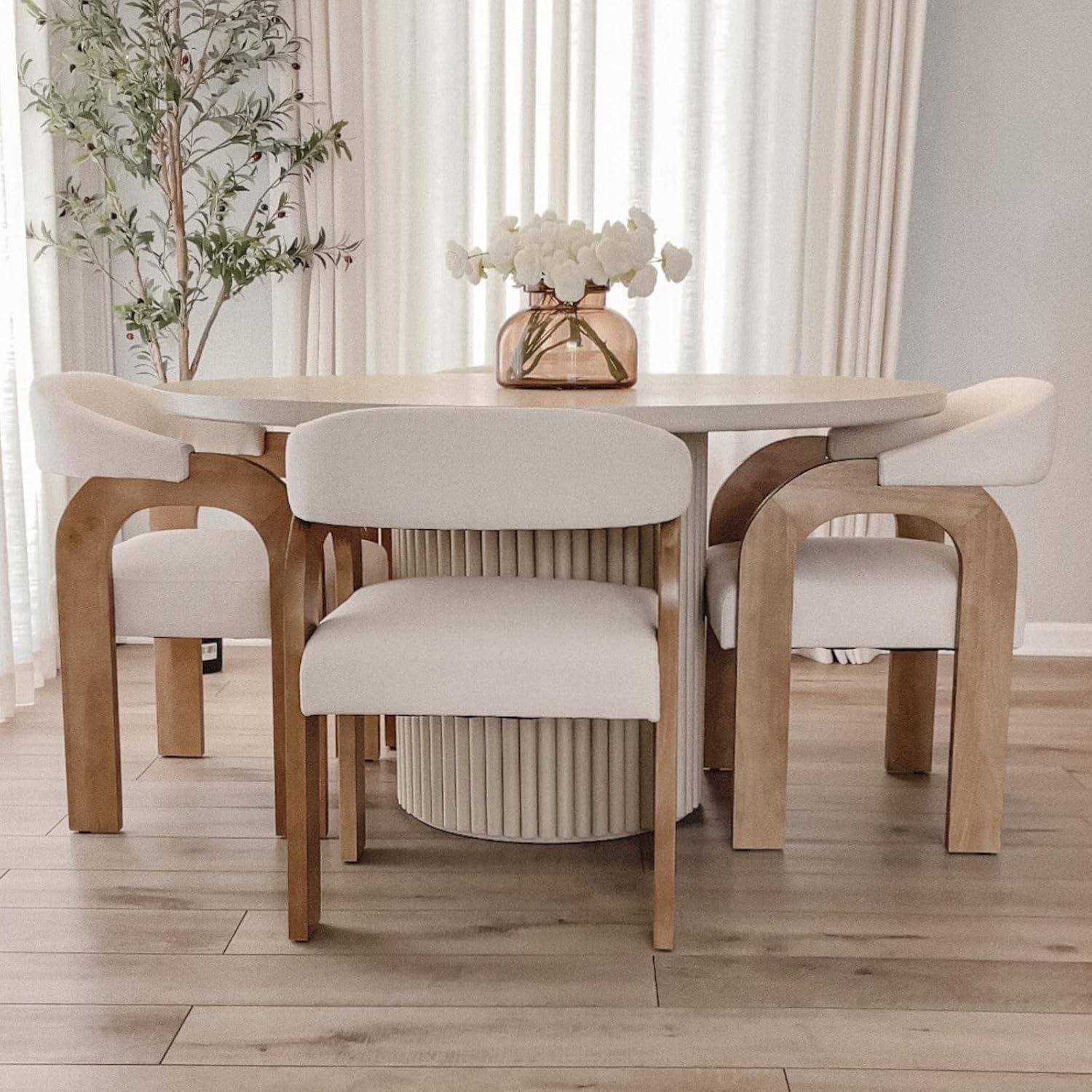 Farmhouse Dining Chairs Set of 4 - Upholstered Armchairs with Linen Cushions & Curved Wooden Arms, Barrel Wood Kitchen Chairs for Dining Room/Cafe/Kitchen Island (Oatmeal Beige)