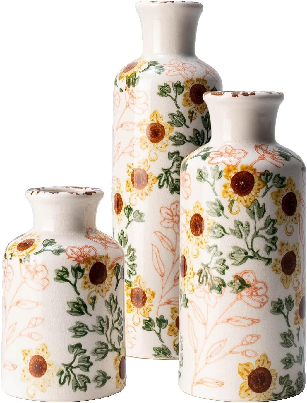 Vintage Ceramic Flower Vase Set of 3, Rustic Farmhouse Vase for Home Decor, Distressed Decorative Vase for Table Entryway Mantel Centerpiece Living Room Bathroom Bedroom (Sunflower Crackle)