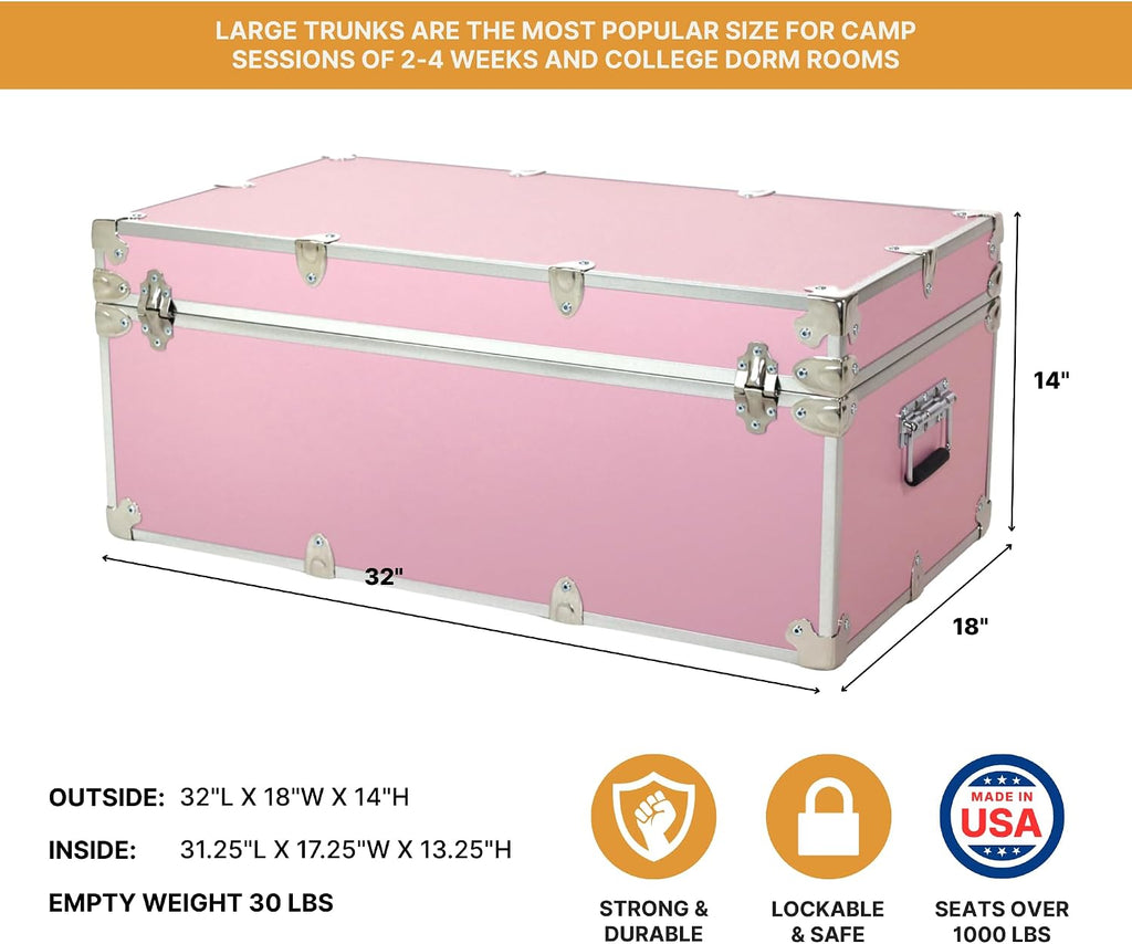 Rhino Trunk & Case Large Essential Trunk With Wheels 32”x18”x14”, 1000+ lbs Capacity - Many Colors. Strong, USA Made Summer Camp Footlocker, and Secure College Dorm Storage Chest