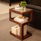 Solid Wood End Table, 3-Tier Small Side Table with Fluted Acrylic Top, Rectangular Geometric Retro Accent Table with Open Storage for Small Spaces, Living Room, Bedroom, 100% Pine, Brown