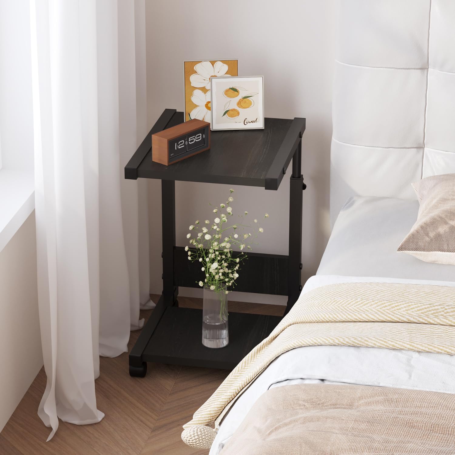 C Table End Table, 2-Tier Small Side Table for Couch, Adjustable Height Tv Trays for Living Room, Bedroom, Bedside, Black