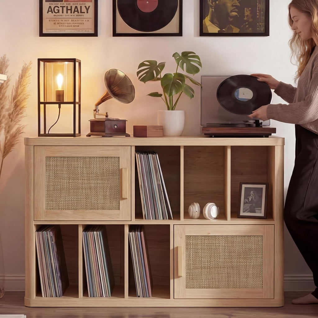 LELELINKY Large Record Player Stand - 39.5" Record Cabinet with Open Vinyl Storage Holds up to 400 Albums, Bohemian Vinyl Player Table with Rattan Doors, Turntable Stand for Living Room, Natural Oak
