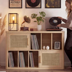 LELELINKY Large Record Player Stand - 39.5" Record Cabinet with Open Vinyl Storage Holds up to 400 Albums, Bohemian Vinyl Player Table with Rattan Doors, Turntable Stand for Living Room, Natural Oak