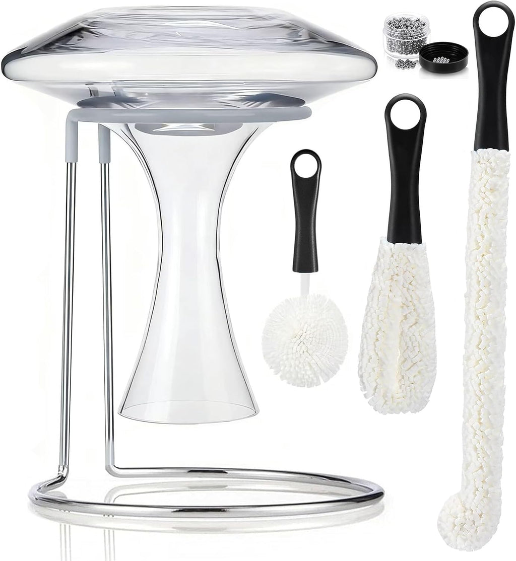 Wine Decanter Drying Stand with Cleaning Brush and Decanter Cleaning Beads,Wine Decanter Drying Rack with Rubber Coated Top to Prevent Scratches.Decanter Cleaner for Standard Large Wine Decanters