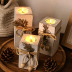 MelonBoat Rustic Flameless LED Candles 3-Pack, Battery Operated Candles with Wooden Candle Holders, White Rustic Farmhouse Decor, Farmhouse Candle Holder for Valentines Holiday Party Home Decor
