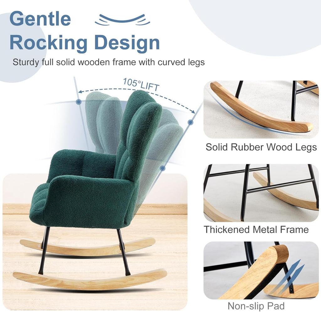 Rocking Chair, Upholstered Nursery Glider with 350 LBS Weight Capacity, Thick Padded Seat, Soft Teddy Fabric, Solid Wood Legs for Living Bedroom Nursery, 36.22"D x 28.35"W x 39.76"H, Green